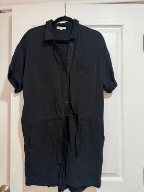 Z Supply Black Gauze Romper Medium Button Front Tie Waist Short Sleeve